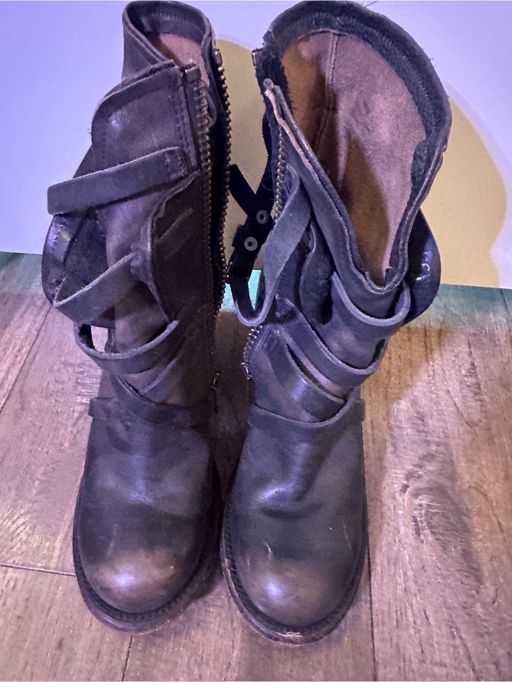 Freebird Cora in black. Women's Black Strappy Mid-Calf Leather Boots
